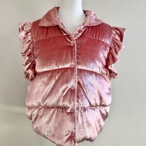 Grace & Emma Pink Velvet Puffer Vest XL Ruffle Sleeve Boutique Cozy Chic Shimmer